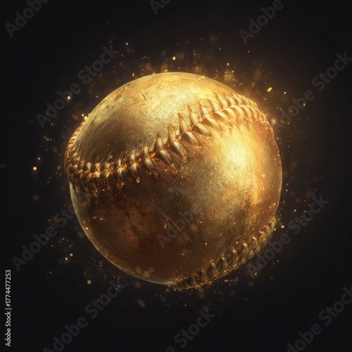 A gold baseball with a gold stitching