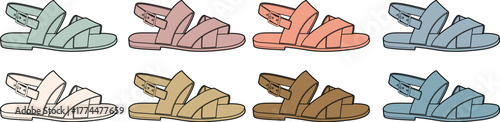 Collection of flat vector sandal illustrations in a variety of soft pastel colors. Isolated set of summer footwear