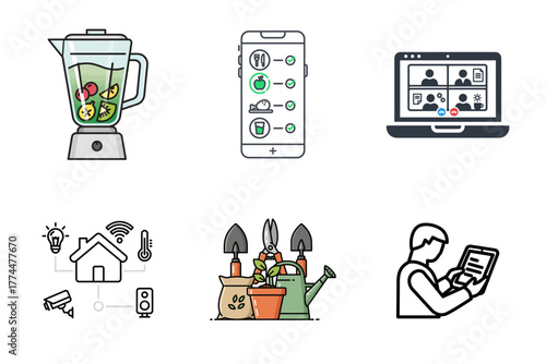 Modern Lifestyle & Technology Icons: Healthy Living, Smart Home, Remote Work, Gardening, Digital Media