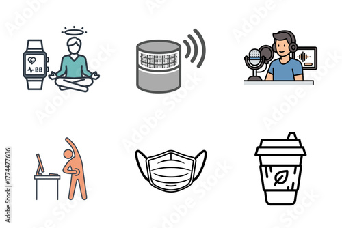 Modern Lifestyle and Wellness Icons: Digital Health, Smart Technology, and Daily Routines