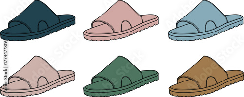 Vector illustration set of casual slide slippers. A collection of comfortable home and summer footwear in a variety of colors