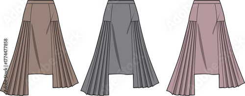 Fashion illustration of three long pleated skirts in different colors, showcasing garment design and apparel details