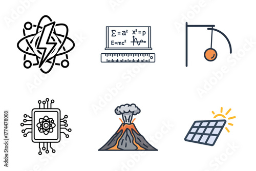 Science, Technology, and Energy Vector Icons Set. Physics, Mathematics, Quantum Computing, Renewable Power.