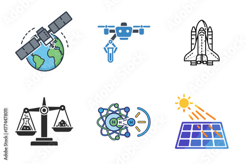 Science and Technology Icons Collection: Space, AI, Chemistry, Energy, Research & Innovation