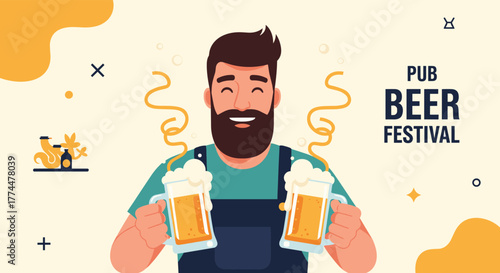 Happy man with beard holding two mugs of beer at a festival.