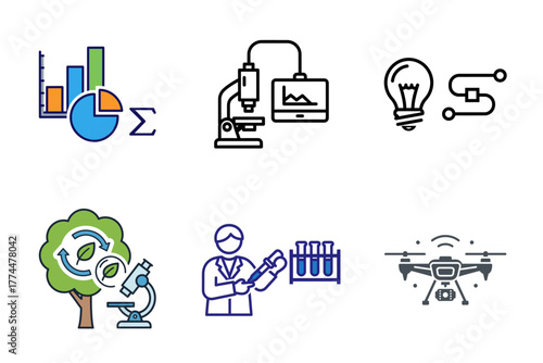 Science, Technology, and Research Vector Icons Set: Data Analysis, Laboratory Experiment, Innovation, Environmental Sustainability, and Modern Drone Solutions