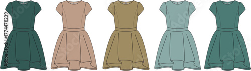 Five flat-illustrated short-sleeved women's dresses in diverse earthy and cool color palettes, ideal for fashion design concepts, apparel mockups, and textile patterns