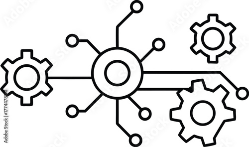 Adobe Illustrator Artwork  Abstract interconnected network of nodes and lines representing a complex digital system or data flow with blue highlighted nodes
