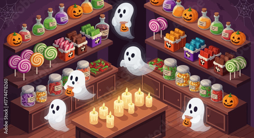 Spooky Halloween candy shop brimming with cheerful ghosts, glowing candles, and tempting treats creates a magical holiday atmosphere for festive celebrations