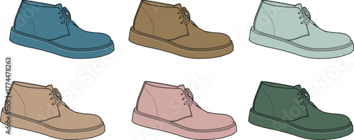 Six different colored casual desert boots displayed in a grid of two rows and three columns