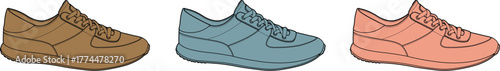 A versatile collection of classic low-top sneakers in multiple color options. Flat vector illustration set for athletic footwear and casual fashion design
