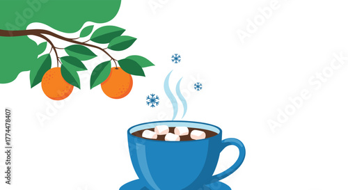 Cozy winter scene with oranges on a branch and hot chocolate with marshmallows and snowflakes.