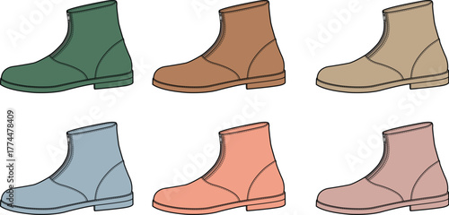 A vibrant collection of minimalist ankle boot illustrations, showcasing six distinct color variations for versatile fashion choices and design concepts in footwear apparel
