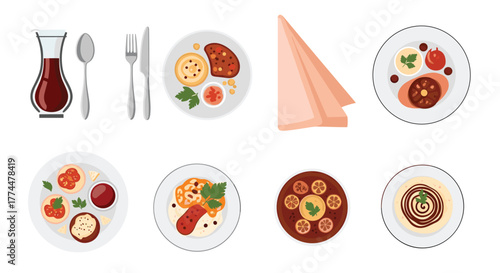 Various dishes and food items arranged neatly on plates with cutlery and a napkin.