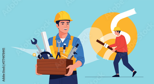 Two construction workers with tools and a large circular shape behind them.