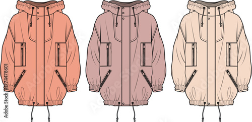 Modern oversized anorak jacket technical fashion flat illustration. Women's outerwear apparel design concept with a hood and utility pockets, shown in three color variations