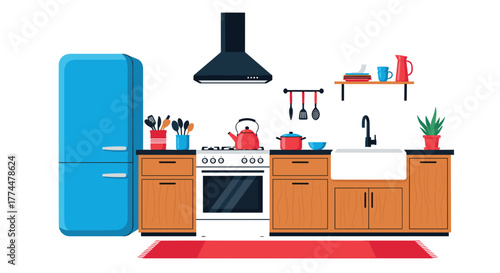 A colorful cartoon kitchen interior featuring a blue refrigerator, oven, sink, and various kitchenware.