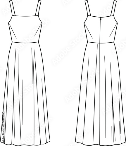 Sleeveless dress technical sketch, fashion flat template, long pleated skirt, square neckline, garment construction, front and back view illustration