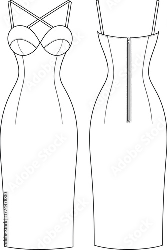 Sleeveless fitted dress technical sketch, crisscross strap detail, sweetheart neckline, front and back view, fashion design, vector illustration