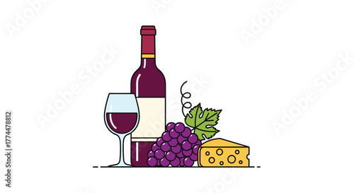 Illustration of a wine bottle, glass of wine, grapes, cheese, and a vine leaf on a white background.