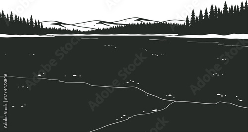 Lake silhouette vector with distant shoreline