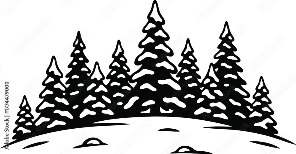 Obraz premium Pine trees silhouette vector on gentle hill
