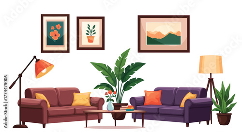 Cozy living room with two sofas, a coffee table, and decorative wall art.