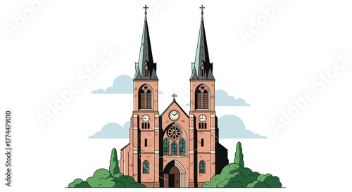 Illustration of a traditional brick church with two tall spires and gothic architectural details.