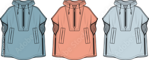 Flat fashion illustration of three hooded ponchos in different colors, showcasing a front view of the garment design