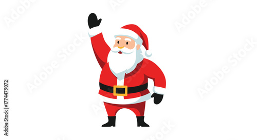 Cartoon illustration of Santa Claus waving his hand and smiling warmly.
