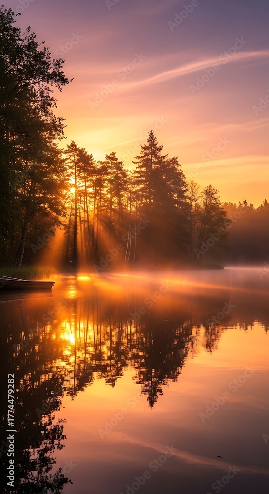 Obraz premium Sunrise over tranquil lake with trees and reflections, golden light.