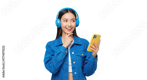 Happy young Asian woman listening to music using blue headphones and smartphone. isolated PNG with Transparent Background