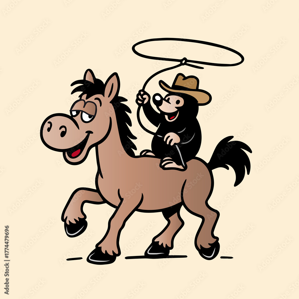 Naklejka premium Fröhliche Cartoon-Illustration eines Maulwurfs mit Cowboyhut und Lasso, der auf einem braunen Pferd reitet. Lustiges, dynamisches Motiv im Comicstil mit humorvollem Ausdruck und klaren Farben.
