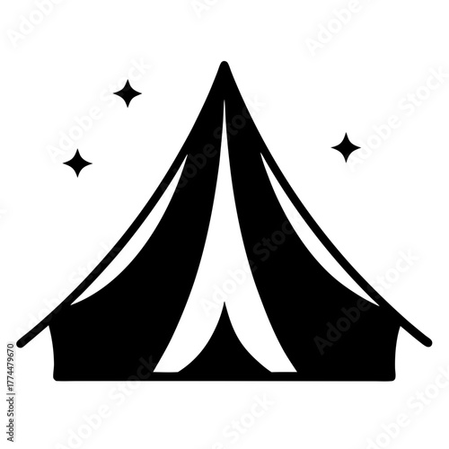 A stylized black and white illustration of a tent under the starry night