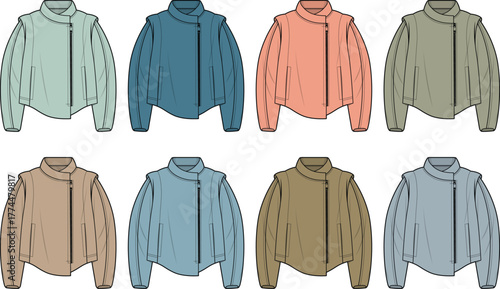 A collection of contemporary flat-design moto jackets presented in various vibrant and muted colors, ideal for fashion illustrations and apparel design resources