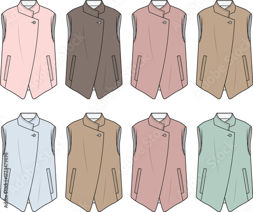 Set of women's sleeveless vest flat sketches in multiple colors. Technical fashion illustration of an asymmetrical draped gilet