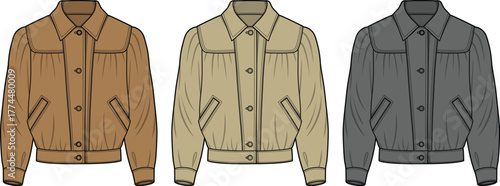 Classic blouson jacket design with gathered yoke, presented as a fashion technical flat vector set for apparel mockups