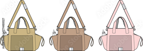 Set of three diaper bag vector illustrations in neutral colors. Technical drawing of a baby tote bag with shoulder strap and bottle pockets