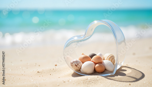 Heart-shaped glass container with seashells on sandy beach