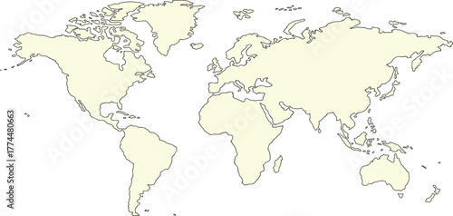 Black blank vector silhouette world map | High detail flat earth template illustration isolated on white background | High resolution contour in Mercator projection