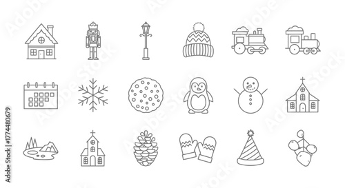 Christmas Winter Icons Outline Set for Holiday Designs