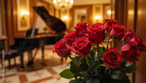 Red roses in elegant room with grand piano