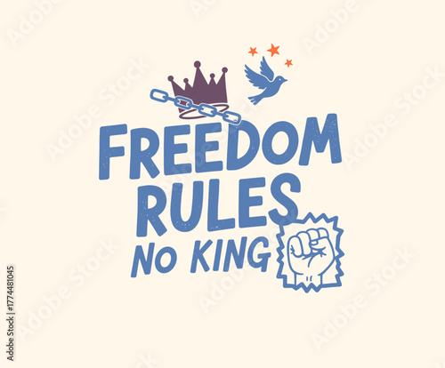 A colorful protest slogan featuring a crossed-out crown and the words 'NO KING'. The design symbolizes opposition to authority and political policies in the USA.
