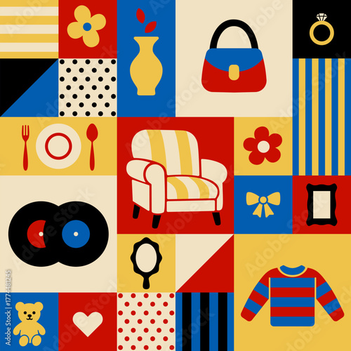 Thrift Store Shop Treasures illustration, seamless vector pattern, color block mosaic, charm of ordinary objects, grid based composition. Each square tells story in bold hues, mixing retro with modern