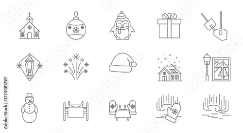 Winter Holiday Icon Set Church, Ornaments, Penguin, and More