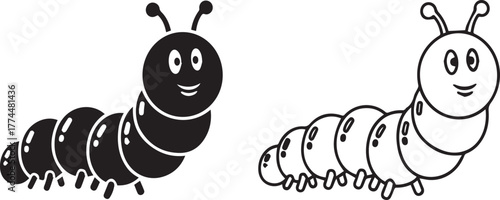 Cute Cartoon Caterpillar Character Icon Set Isolated on White Background