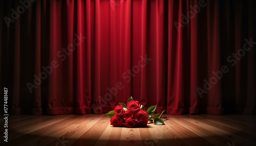 Bunch of red roses on wooden floor against red curtain backdrop