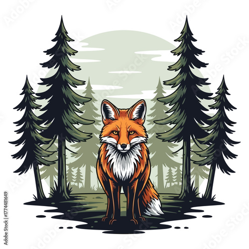 Majestic fox sits alertly in a dense pine forest, its striking orange fur contrasting with the deep green woodland, evoking wild nature's serene beauty and untamed spirit.