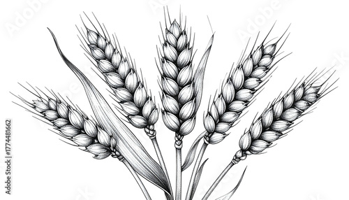 Black & white line drawing of seven ears of wheat and a leaf, clustered together, on a black background