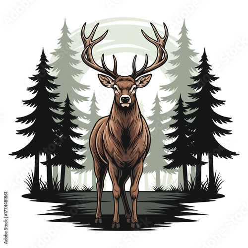 Majestic stag with impressive antlers stands proudly in a serene forest landscape surrounded by tall pine trees under a soft moonlit sky